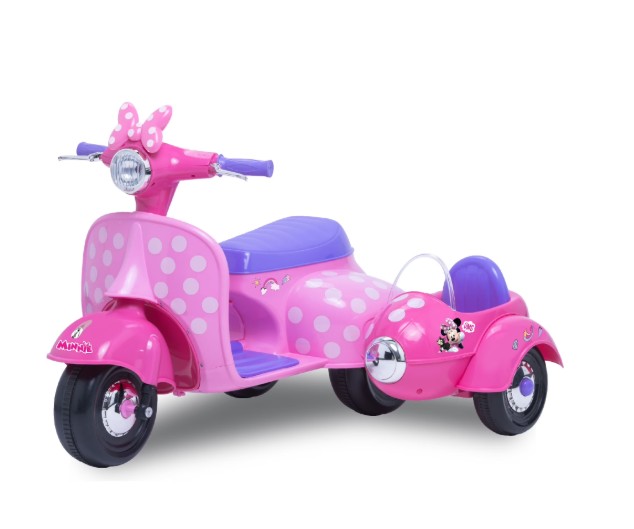 6V Disney Minnie Mouse Happy Helpers Scooter with Sidecar Ride-On Toy by Kid Trax, 1 mph