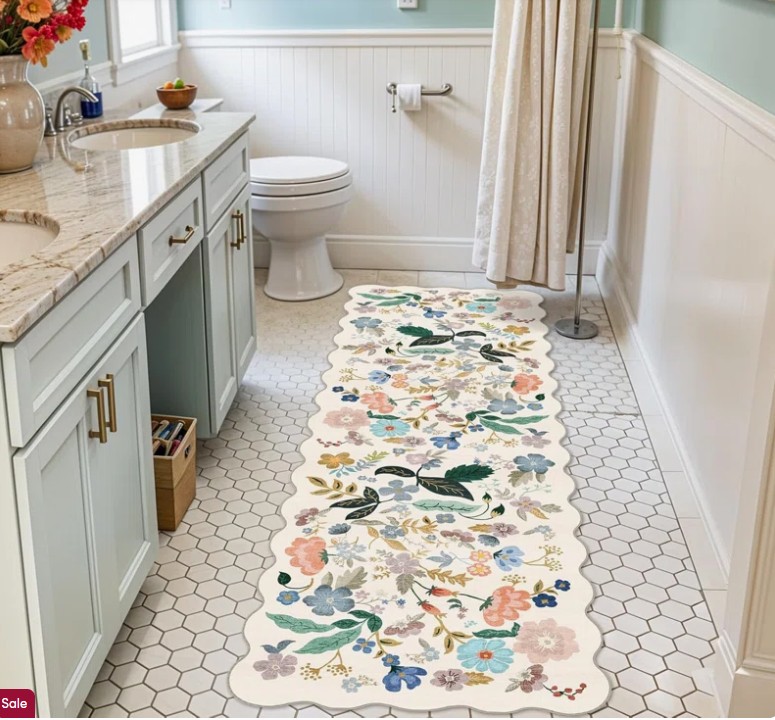 2×6 Washable Hallway Runner Rug: Floral Kitchen Rugs with Non-Slip Backing Vintage Low Pile Entryway Carpet for Living Room Bedroom Soft Water Resisitant Floor Mat for Bathroom Laudry(2×6,Cream)