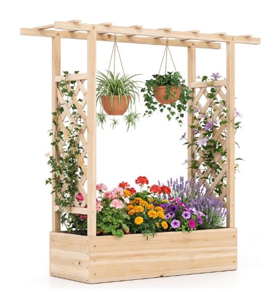 Costway 1 PCS Wooden Raised Garden Bed with Trellis & Hanging Roof, Drainage Holes for Plants Natural