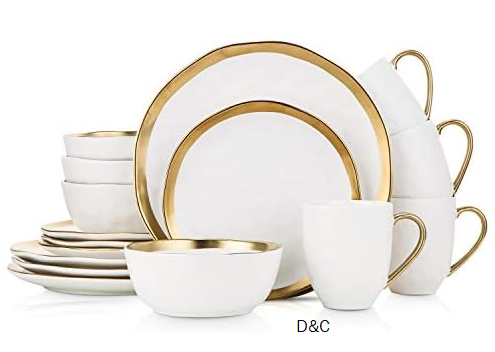 Stone Lain Modern Porcelain 16 Piece Dinnerware Set, Plates and Bowls Set, Dish set for 4, White And Golden Rim