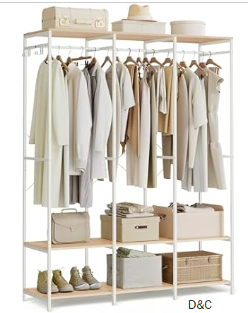 SONGMICS Clothes Rack, Iron and Wood Wardrobe Closet Organizer, Heavy Duty Garment Rack with Hanging Rods, Closet Shelves, Removable Hooks, 15.7 x 55.5 x 70.9 Inches, Natural Beige