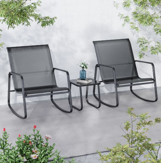 Ainfox Patio Bistro Sets 3 Piece Steel Outdoor Bistro Sets with 2 Rocking Chairs and Glass Coffee Table, Gray