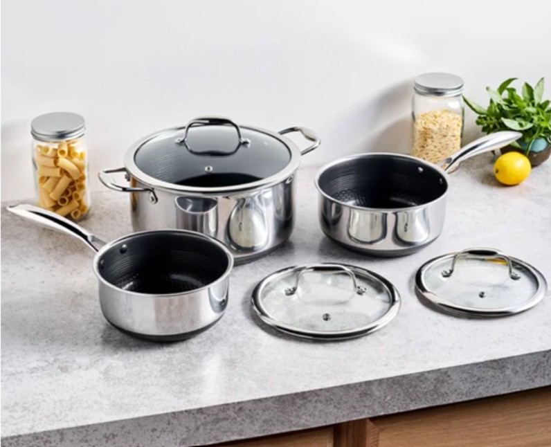 HexClad Hybrid Nonstick 6-Piece Pot Set, 2, 3, and 8-Quart Pots with Tempered Glass Lids, Stay-Cool Handles, Dishwasher-Friendly