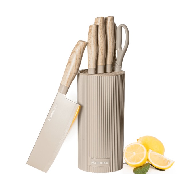 Astercook Knife Set, 6-Piece Kitchen Knives Set with Block & Non-Stick Healthy Coating, Stainless Steel Chef Knives with Anti-Slip Ergonomic Handle, Dishwasher Safe, Perfect Kitchen Home Gifts, Beige