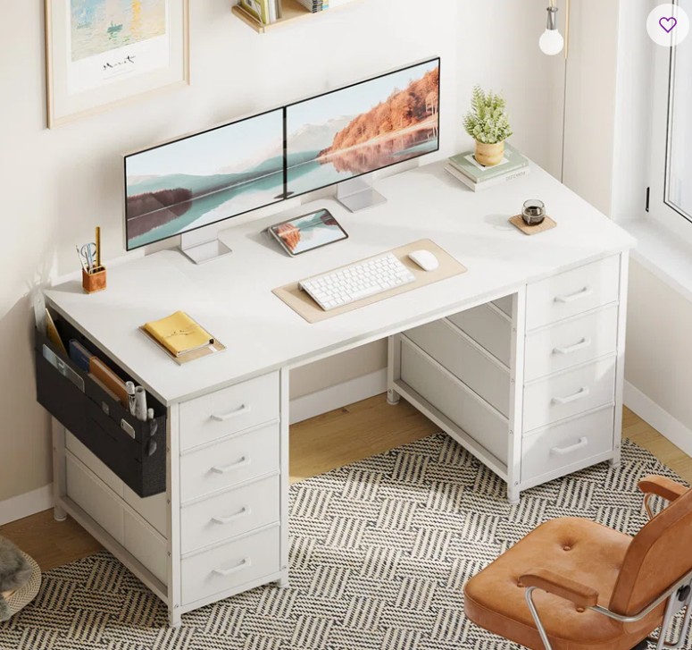 Home Office Desk With 8 Spacious Fabric Drawers, Modern Writing Desk With Sturdy Design, Corner Desk With Reversible Structure