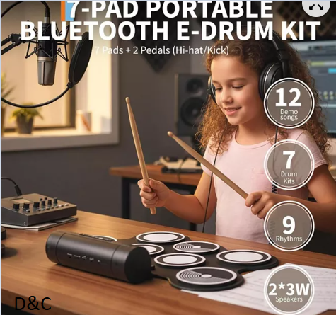 Electronic Roll Up Drum Mat – 9 Pads Portable App Control Bluetooth MIDI Beginners