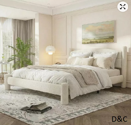 Boucle Bed Frame, Upholstered Cloud Bed Platform with 4 Round Sturdy Legs, Noise Free, No Box Spring Needed, Easy Assembly