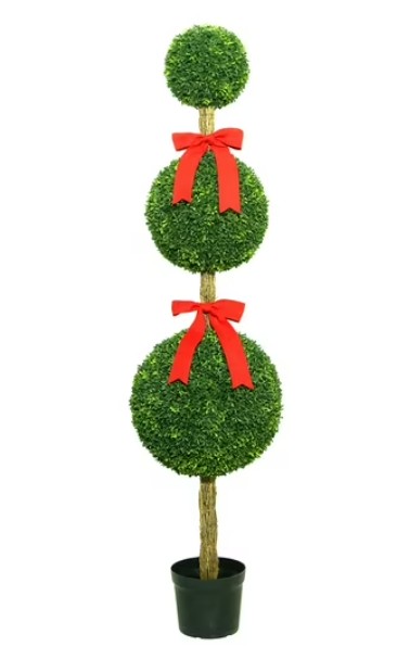 My Texas House Artificial Boxwood Topiary with Patriotic Bows, 6′
