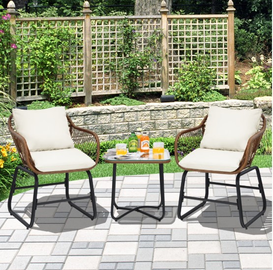 Gymax 3PCS Outdoor Bistro Set Patio Conversation Furniture Set w/ White Cushions