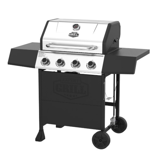 Expert Grill, 4-Burner Propane Gas Grill with Side Table and Wheels, Stainless Steel