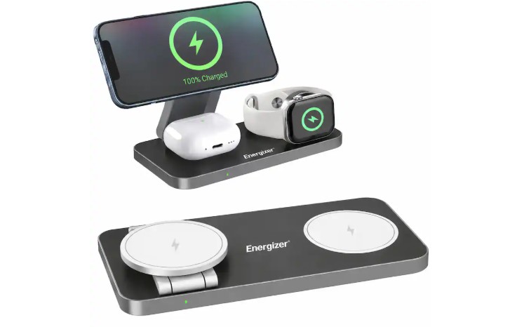 Energizer – 3-in-1 15W Magnetic MagSafe/Qi2 Compatible Fast 15W Charger, Charging Station/Stand for iPhone + AirPods + Apple Watch – Black