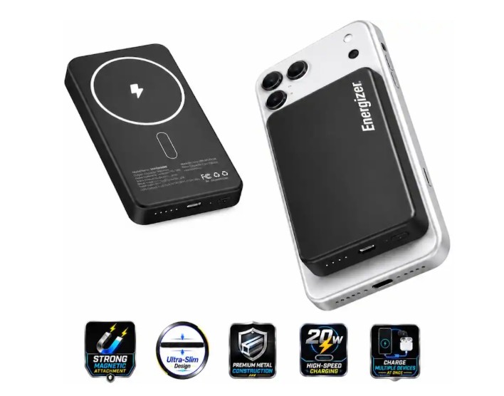 Energizer – 10,000mAh SLIM METAL 20W Magnetic Wireless Qi/Qi2.0/MagSafe PowerBank, Portable Charger, 2 Outputs, LED Display, & USB-C – Black