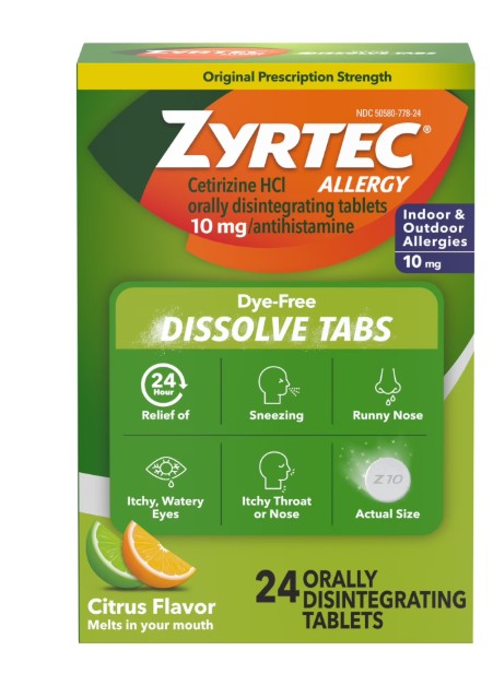 Zyrtec Allergy Dissolve Tablets, 10 mg Cetirizine HCl, Citrus, 24 Count