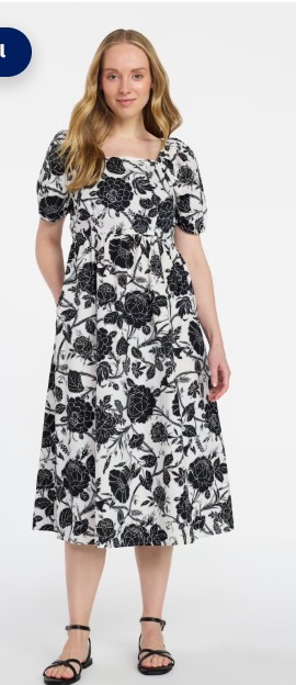Time and Tru Women’s and Women’s Plus Cotton Back Tie Midi Dress with Short Puff Sleeves, Sizes XS-4X
