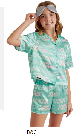 Justice Girls x Nascar Short Sleeve Button Top, Shorts and Eye Mask Pajama Set, 3-Piece, Sizes 5-18