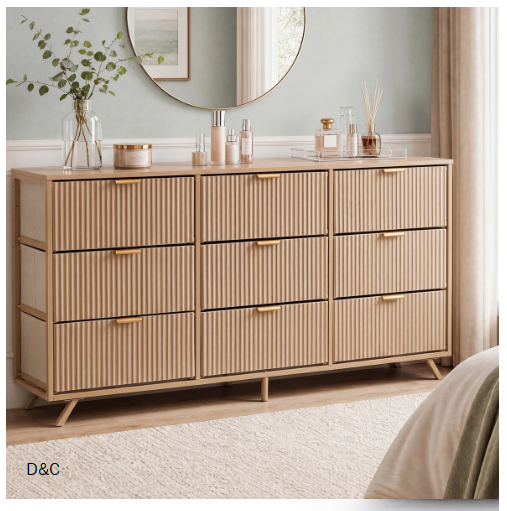 57″ W Modern 9 Drawer Dresser with Fluted Fabric Drawers, Wood Top and Anti-Tipping Device