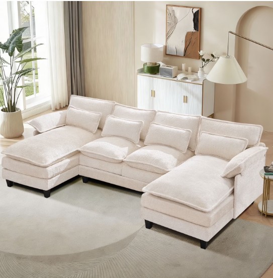JONPONY109.45″ U Shaped Couch,Oversized 4 Seat Sectional with 4 Waist Pillows, Convertible Upholstery Symmetrical Sofá,Sleeper Sofa Couch with Double Chaise Lounge &Memory Foam for Living Room, Beige