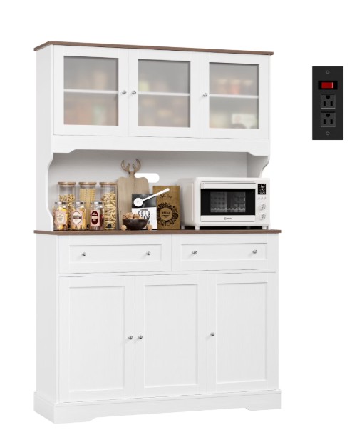 Hiphuta 72″Tall Kitchen Pantry Storage Cabinet with Power Outlet, Freestanding Cupboard Storage Buffet Hutch with Microwave Stand, Coffee Bar with Drawers & Glass Doors, White