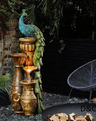 43.8” H Peacock Outdoor Water Fountain with LED Lights, Resin Tiered Garden Fountain with Adjustable Flow