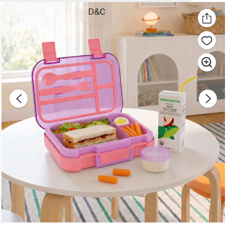 Mainstays Kids 4-Compartment Plastic Bento Box with Removable Tray, Fork, Spoon, and Dressing Container, Pink Glitter