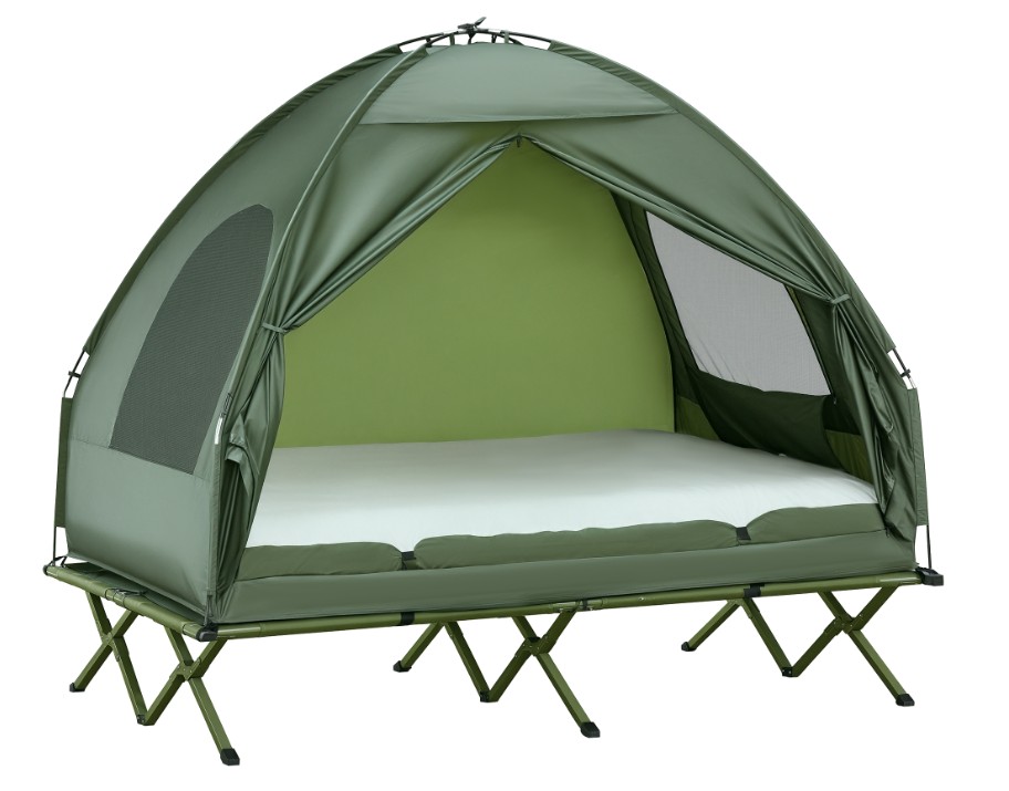 Outsunny 2-Person Tent Cot, 4-in-1 Elevated Camping Bed Combo with Air Mattress, Bed Cover, Foot Pump