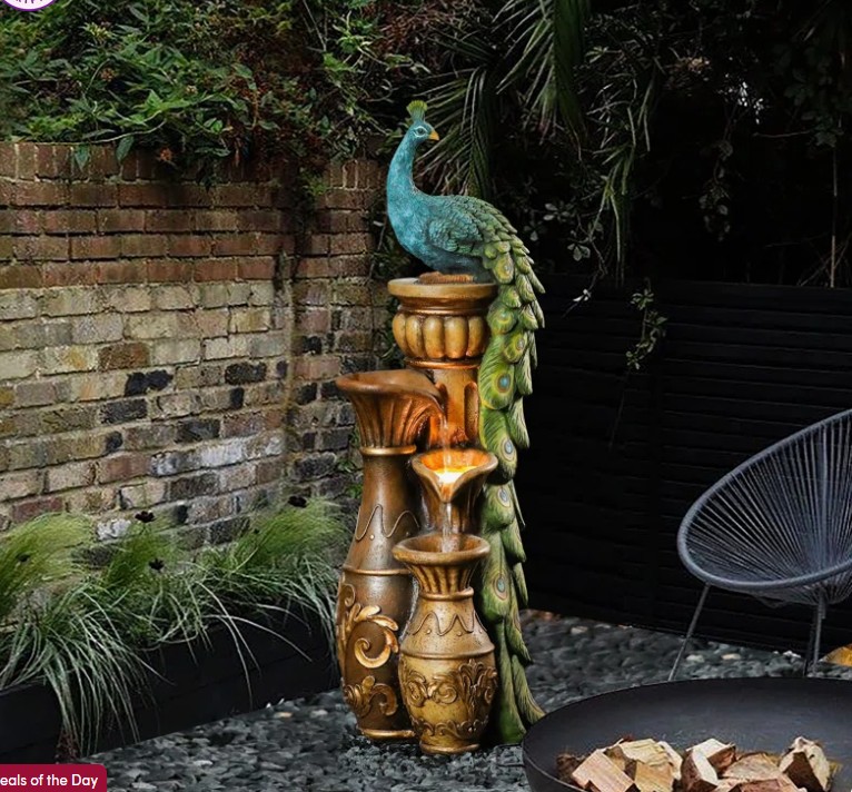 43.8” H Peacock Outdoor Water Fountain with LED Lights, Resin Tiered Garden Fountain with Adjustable Flow