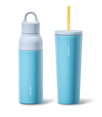 Carote 2PCS Insulated Stainless Steel Tumbler, Highlight Series Water Bottles, 19 fl oz & 21 fl oz, Straw/Push, Blue