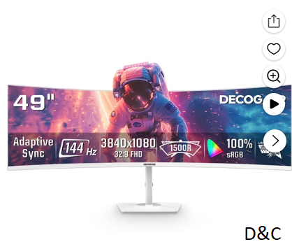 Deco Gear 49” White Curved Ultrawide Monitor, 144Hz, HDR, 3840×1080, HDMI 2.0, DP 1.4, Gaming & Work