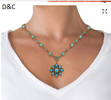 Women’s Large Turquoise Stone Flower Necklace in Silver or Gold Tone