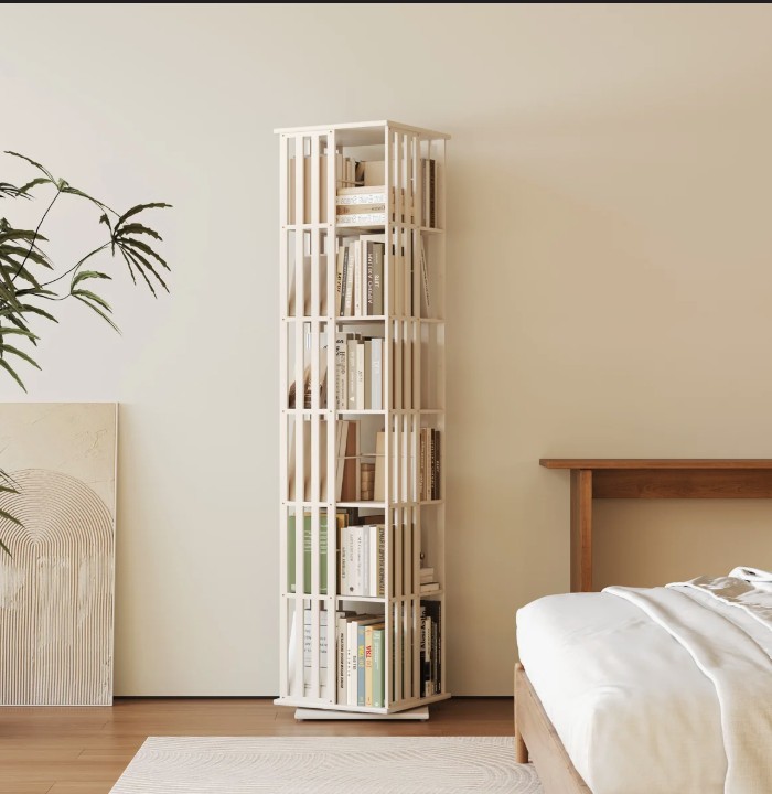 Rotating Bookcase Tower, 6 Tier White Bamboo Corner Bookshelf With Display Organizer & Floor Storage Rack, 360°Swivel Narrow Space-Saving Design