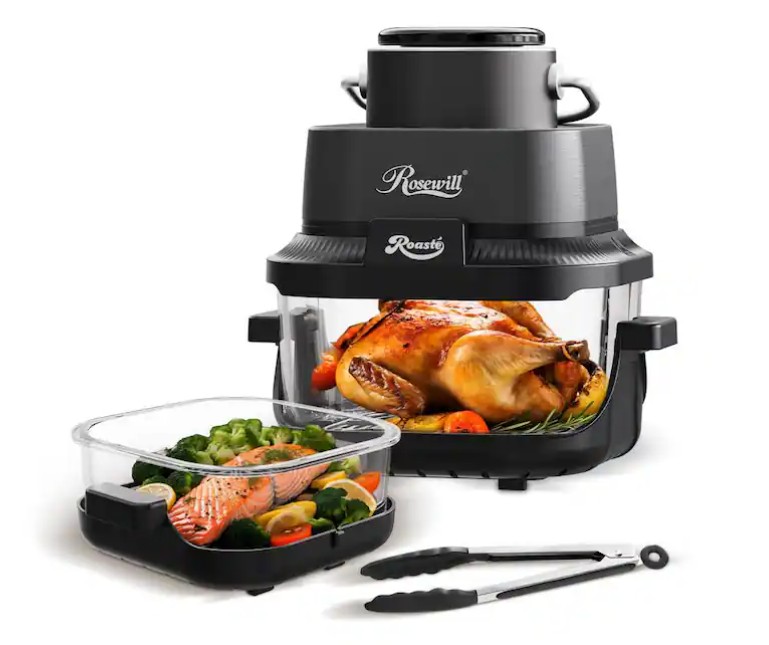 Rosewill – 8-in-1 Portable Glass Air Fryer, 5.5QT & 1.6QT Glass Pot with Lid & Tongs – Black
