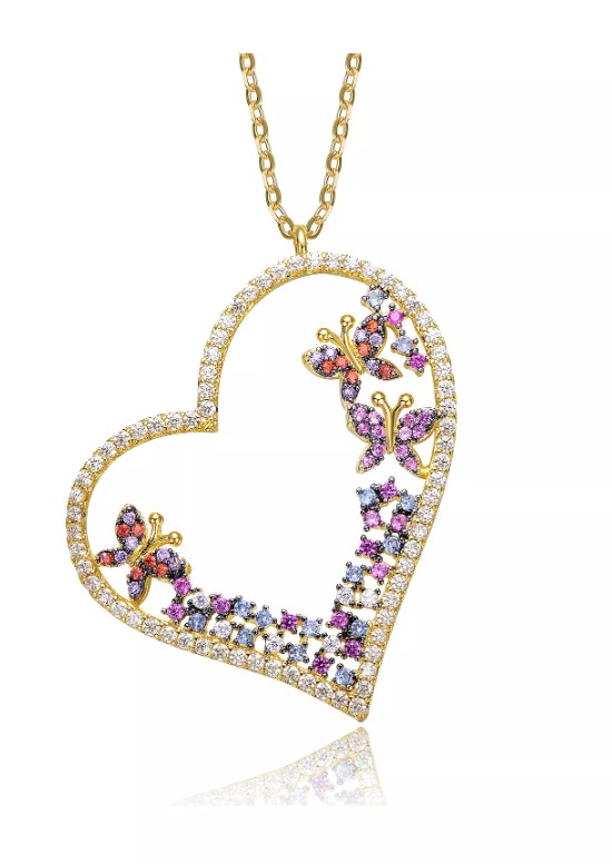 Sparkling 14K Gold Plated Multi Color CZ Heart Necklace