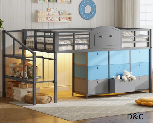 Low Loft Bed with 9 Drawers, Full Size Metal Loft Bed with LED Lights & Under-Bed Hideaway Space, Gray