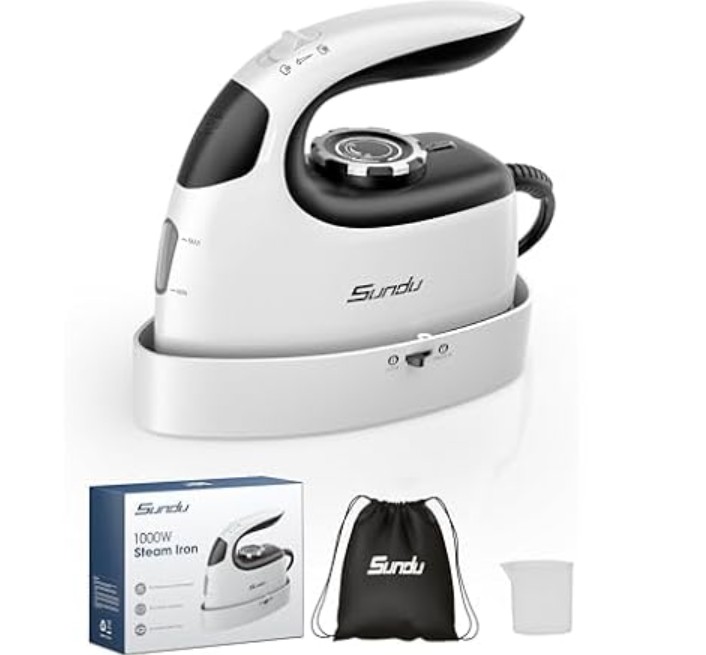 Sundu Mini Steam Iron, Mini Travel Steam Iron, Small Portable Clothes Mini Iron with Rotary Temperature Control, Safety Base for Travel, Quilting & Sewing | Mini Iron for Sewing, White