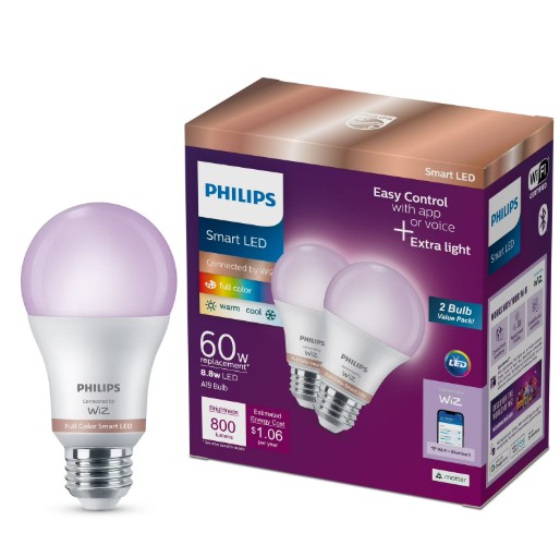Philips Smart Wi-Fi Connected LED 60-Watt A19 Light Bulb, Frosted Color & Tunable White, Dimmable, E26 Medium Base (2-Pack)