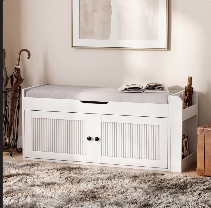 39.4” Modern Farmhouse Storage Bench with Cushion, Upholstered Shoe Bench with Shelf for Entryway, Mudroom, Hallway