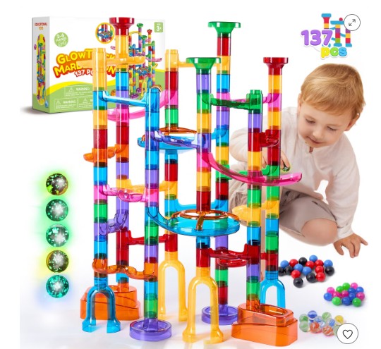 Joyfy 137Pcs Glowing Marble Run – STEM Toy Construction Building Blocks with 15 Glow in The Dark Plastic Marbles, Birthday Gift for Boys Girls 3+