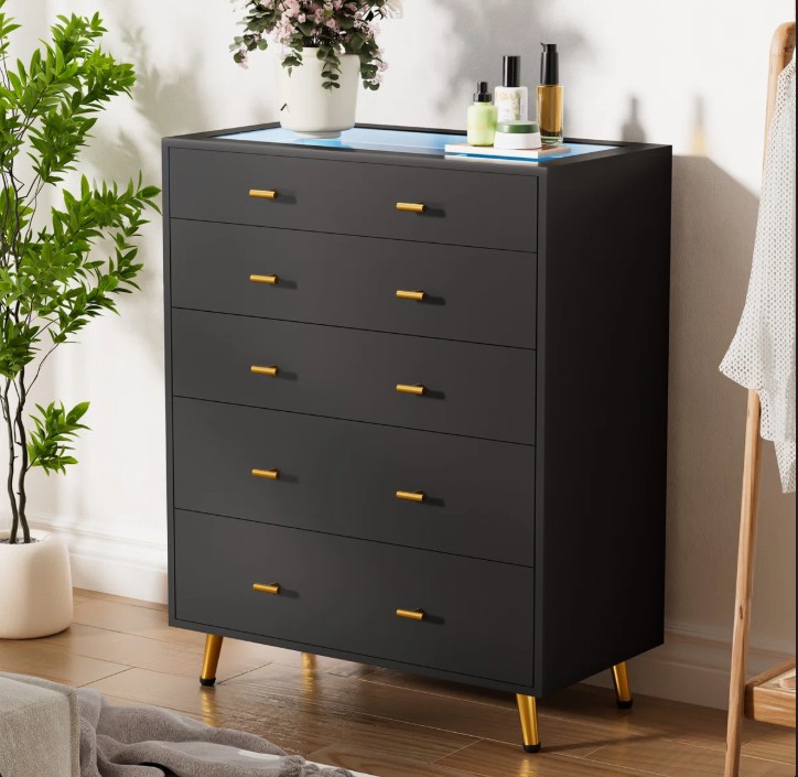 30.7″W 5 Drawer Dresser with LED Lights, 39″H Tall Chest Of Drawers For Bedroom & Wardrobe Closet Island With Tempered Glass Top & Jewelry Dresser & Glass Dresser, Black