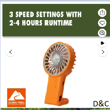 Ozark Trail Rechargeable Handheld Fan with USB-C Charging and 3 Speed Settings