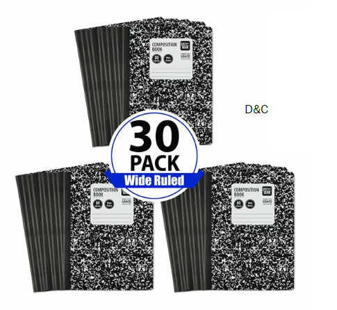 Pen+Gear Wide Ruled Composition Book, 7.5″ x 9.75″, Black and White Marble, 80 Sheets, 30 Count Pack
