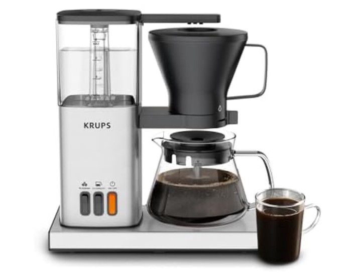 KRUPS Essential Brewer 8 Cup Drip Coffee Maker Machine, SCA-Certified, Blooming Technology, Barista-Quality, Pour Over Coffee Machine, Easy to Clean, Stainless Steel Design, Silver