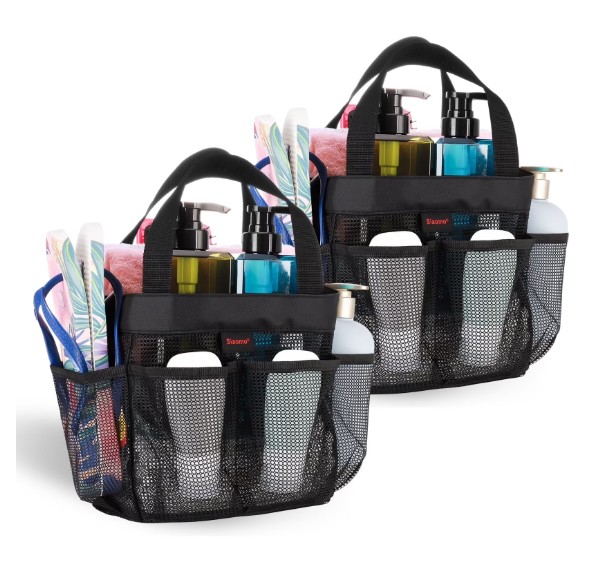 Siaomo Mesh Shower Caddy,Tote Bag for College Dorm,Bathroom,8 Pocket Basket,Quick Dry-2 Pack Black