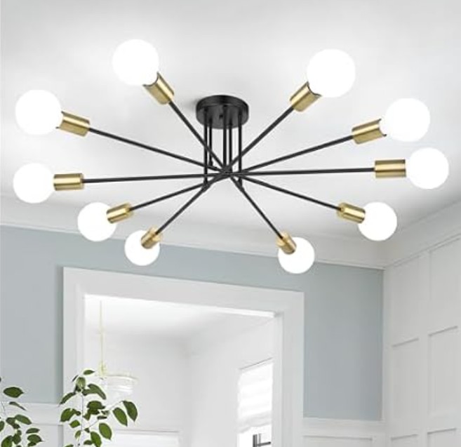 Semi Flush Mount Ceiling Light Fixture, 10-Light Modern Black and Gold Sputnik Chandelier Industrial Ceiling Lamp for Kitchen Dining Room Living Room Bedroom Foyer