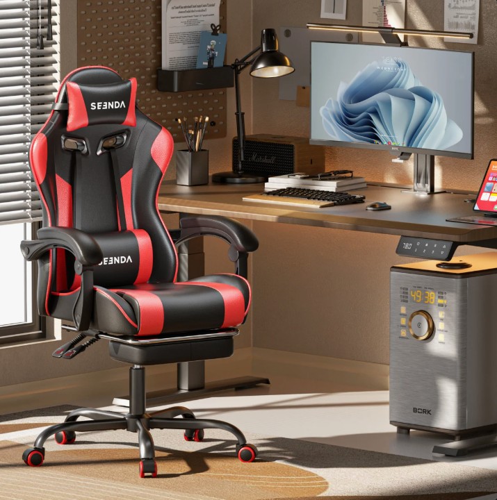 High-Back Massage Adjustable Reclining Ergonomic Faux Leather Swiveling PC & Racing Game Chair with Footrest