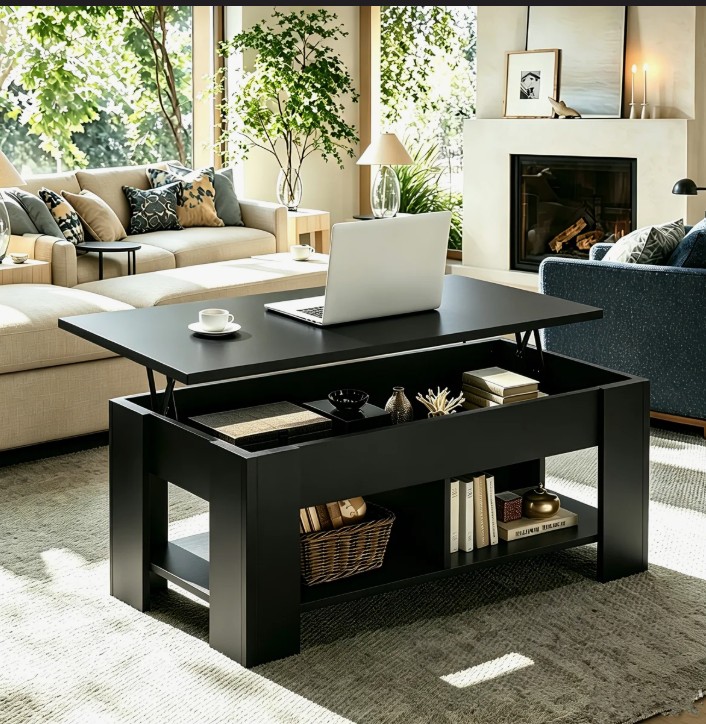 Lift Top Coffee Table, Expandable Coffee Table with Hidden Storage, Convertible to Laptop Desk or Dining Table for Living Room, Home Office, Small Spaces – Modern Wooden Center Table with Gas Spring Mechanism,Black