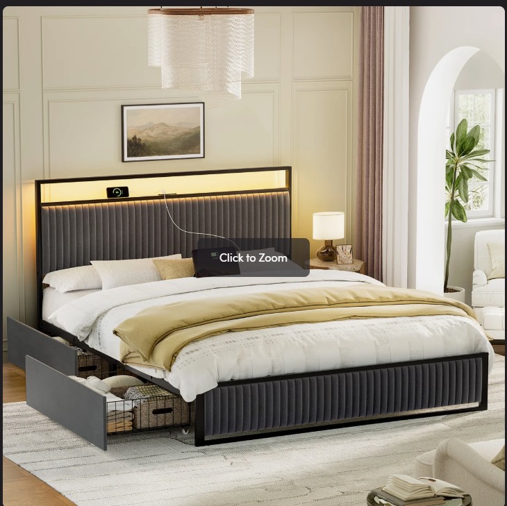Antioch Upholstered Platform Bed with 2-Drawer Storage and Charging Station