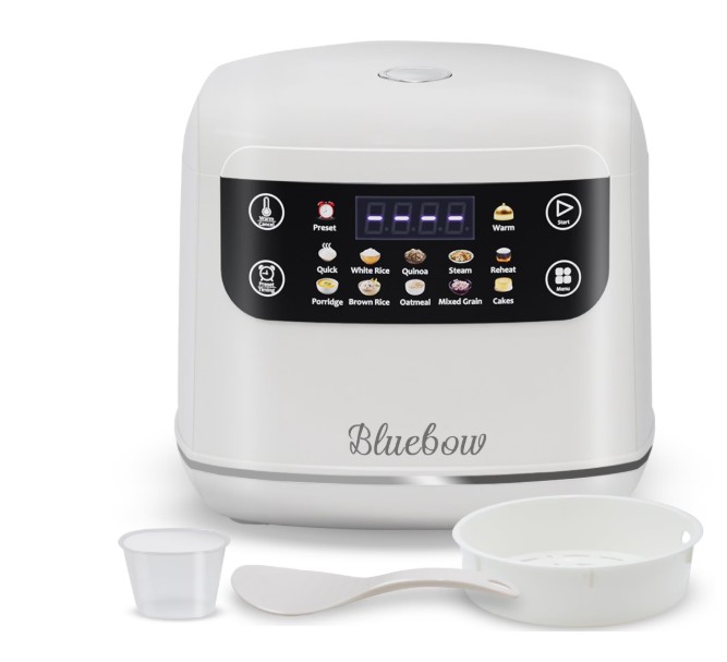 Bluebow Digital Rice Cooker, 6-Cup/2.1QT Small Rice Maker, 10 Presets, 24-Hour Delay Timer & Keep Warm, Non-Stick Inner Pot, White
