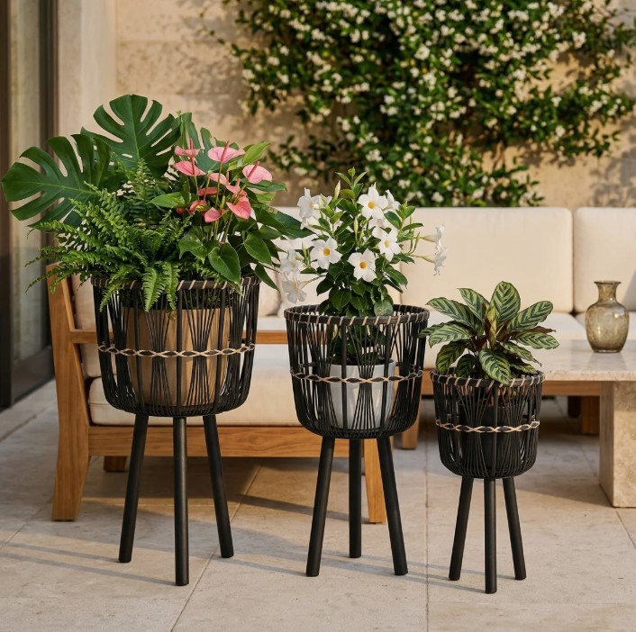 Neutral Boho Wicker Planter Stand Set, Versatile Indoor Garden Decor