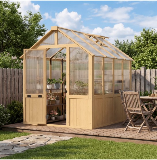 Erommy 6’x8′ Outdoor Wooden Greenhouse, Walk-in Green House with Thickend PC Panel, Adjustable Windows, 12/16 Plant Hooks and Lockable Door for Garden,Backyard