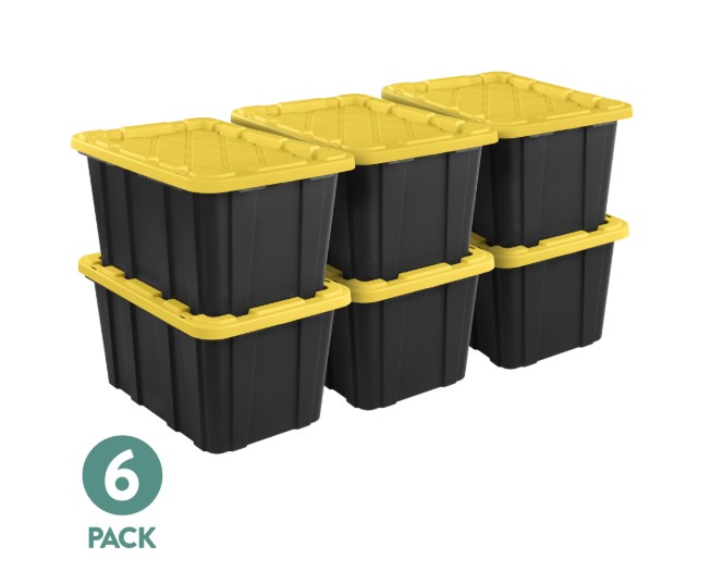 Sterilite Large Storage Bin, 27 Gallon Durable Plastic Storage Tote with Snap-On Lid, Black and Yellow, 6 Pack